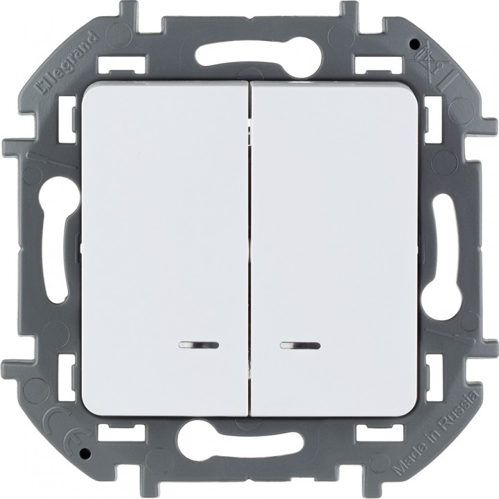 Выключатель двухклавишный с подсветкой/индикацией Legrand Inspiria для скрытого монтажа, цвет "Белый", номинальный ток 10 А, напряжение ~250В
